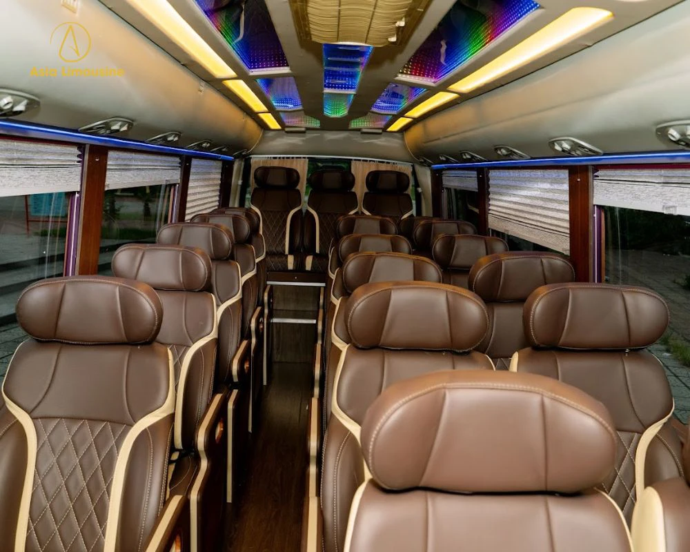Ghế da màu nâu của xe limousine 19 chỗ