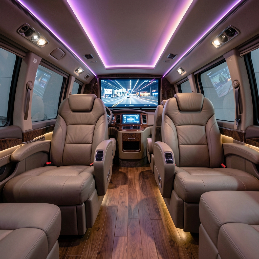 Nội thất cabin Solati Limousine với ghế VIP da cao cấp và hệ thống giải trí