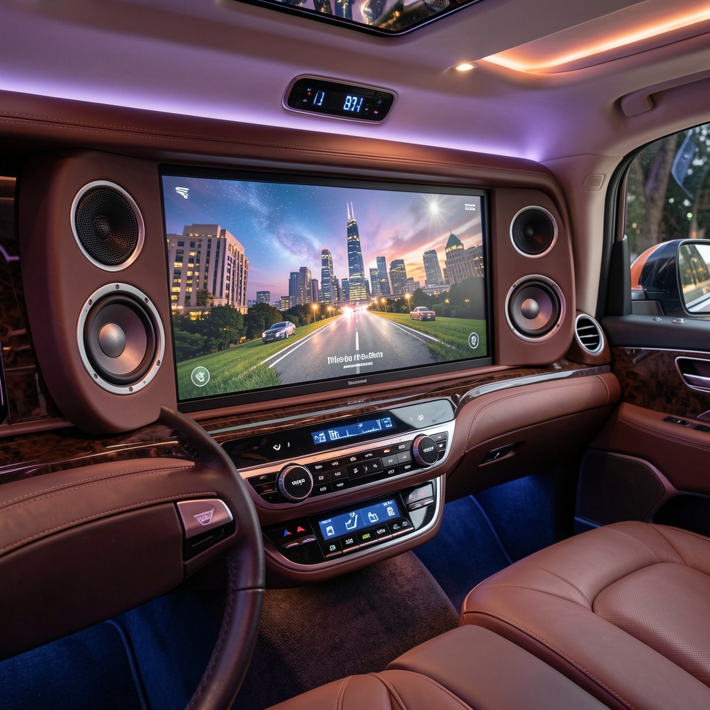 Hệ thống giải trí màn hình lớn và âm thanh vòm trong Solati Limousine